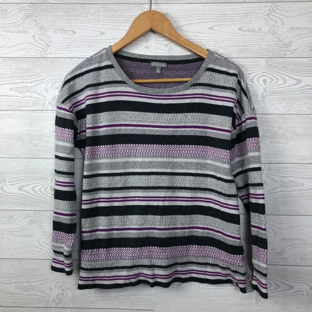 T By TALBOTS Women's Medium PETITE Mixed Stripe Button Detail Pullover Sweater - Picture 2 of 6